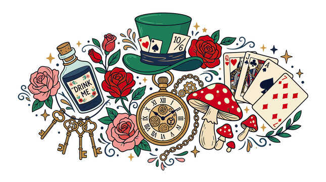 Whimsical Wonderland Collection: Alice's Adventures, Mad Hatter, Magic Potion, Keys, Roses, Cards