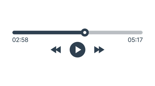 Minimalist dark grey media player control interface showing a progress bar with a circular scrubber plus playback buttons for rewind play and fast forward on a clean solid white background