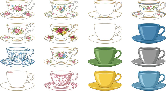 Vector illustration set of vintage porcelain teacups and saucers with elegant floral patterns for kitchenware menu design