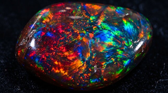 Indonesian kalimaya black opal gemstone macro close-up, spectacular play of color with vivid red fire green and blue iridescence, premium Banten natural gemstone on dark background