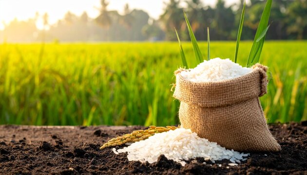 Burlap sack of rice on soil with green field