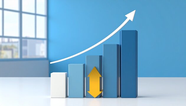 3D blue gradient bar chart with arrows showing upward growth