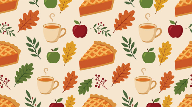 Seamless pattern with autumn pumpkin pie slices red apples and hot tea cups for fall season