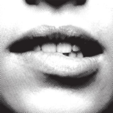 Close-up halftone lips biting playfully with sensual expression in monochrome contrast