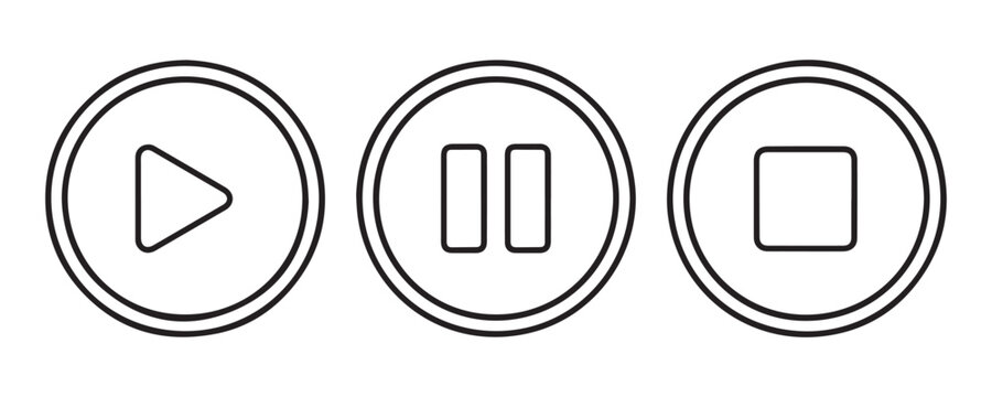 Set of circular buttons for video or audio player featuring play pause and stop symbols in thin line style art.