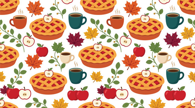 Seamless pattern with apple pies autumn leaves red apples and hot drinks for thanksgiving season