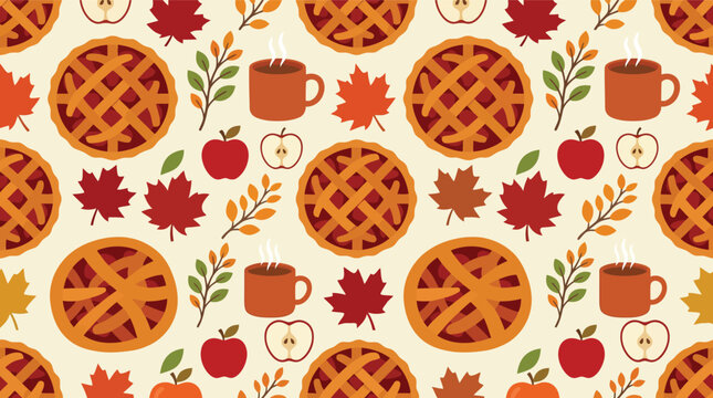 Seamless pattern with apple pies hot coffee cups and autumn leaves for cozy fall season design