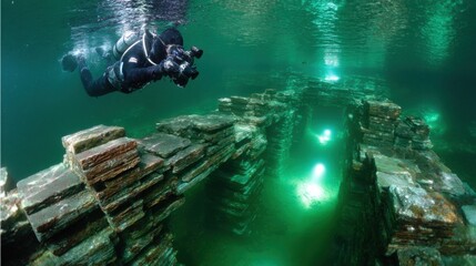 Underwater exploration of ancient ruins in a lake during a clear day Generative AI