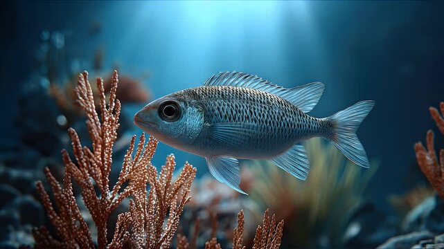Small fish swimming underwater among coral reef life
