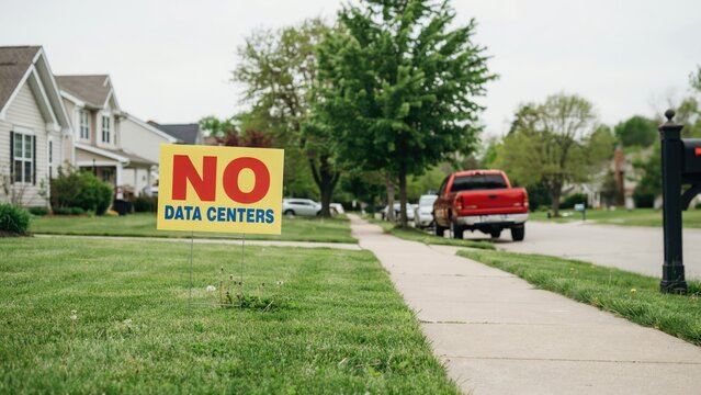Protest sign stating No Data Centers on residential lawn, suburban neighborhood activism against industrial development, local community opposition