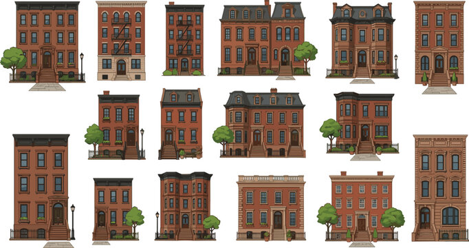 Vintage brick townhouse apartment vector illustration collection featuring historic brownstone buildings for real estate marketing and architectural design graphics
