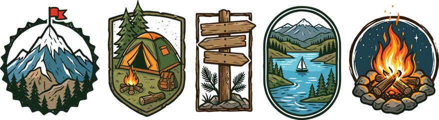 Vintage outdoor adventure badge set featuring mountain summit camping tent wooden signpost lake nature landscape and campfire for apparel patch design © AdhinChandra