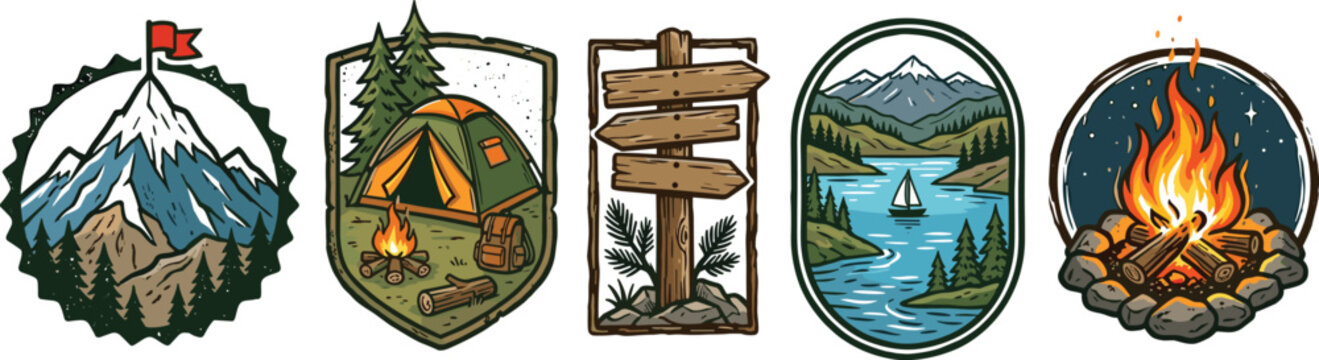 Vintage outdoor adventure badge set featuring mountain summit camping tent wooden signpost lake nature landscape and campfire for apparel patch design