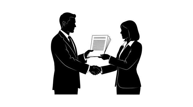 Businesspeople exchanging documents during a handshake black silhouette