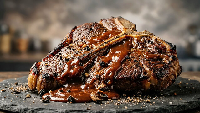 surrealistic macro-photography composition seared T-bone steak resting on a dark