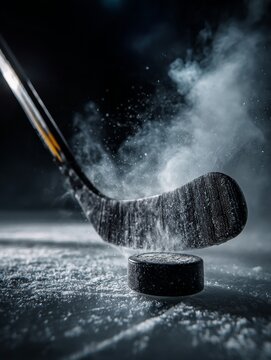 Professional ice hockey stick striking a puck with dynamic motion on dark background, flying dust and smoke effects, powerful sports action concept showing speed, impact and competitive energy