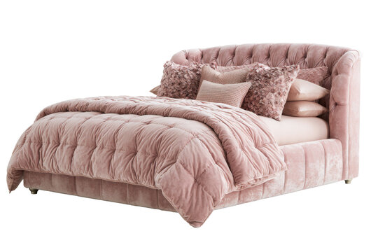 Elegant blush pink velvet bed with decorative cushions isolated on white background. Premium bedroom furniture PNG for luxury home interiors.