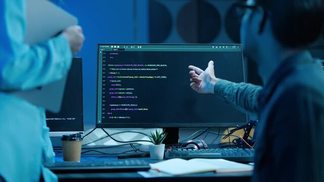 Two software developers collaborating on a coding project late at night in a dark modern office. A male programmer points at the computer screen, explaining complex algorithms to a colleague.