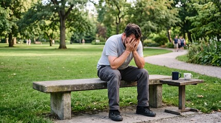 Fototapeta premium Distressed Man Sitting Alone on Park Bench with Face in Hands Showing Public Emotional Breakdown