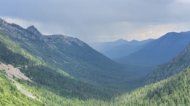 Panoramic view of forested mountain valley in Washington state