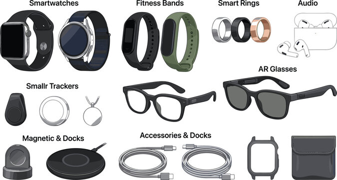 Wearable technology smart devices vector illustration collection isolated on white background for tech product marketing and consumer electronics retail banner design
