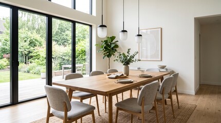 Fototapeta premium Contemporary and serene dining room interior featuring a natural wooden table, minimalist chairs, and abundant natural light from expansive garden views