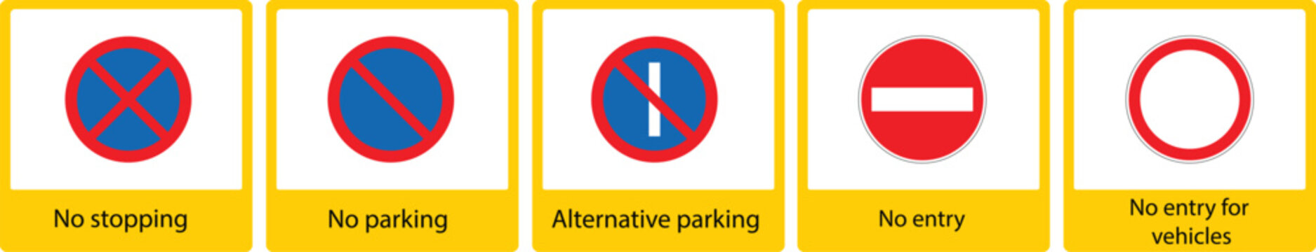 Five traffic sign icons for parking and entry rules
