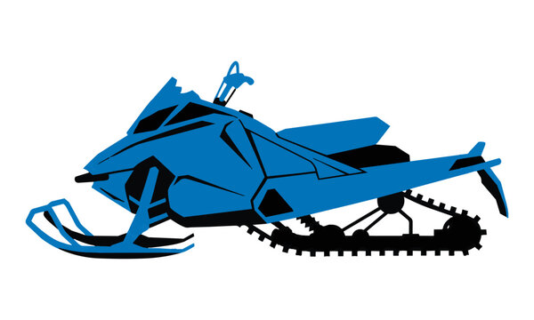 Profile silhouette of a modern electric blue snowmobile with matte black track elements isolated on a white background, winter sports equipment concept