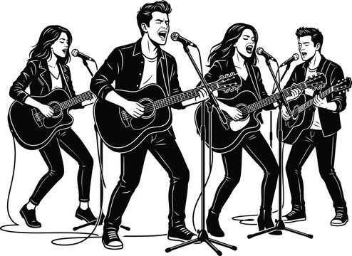 Acoustic Rock Band Live Performance Vector Illustration with Singers Playing Guitars on Stage