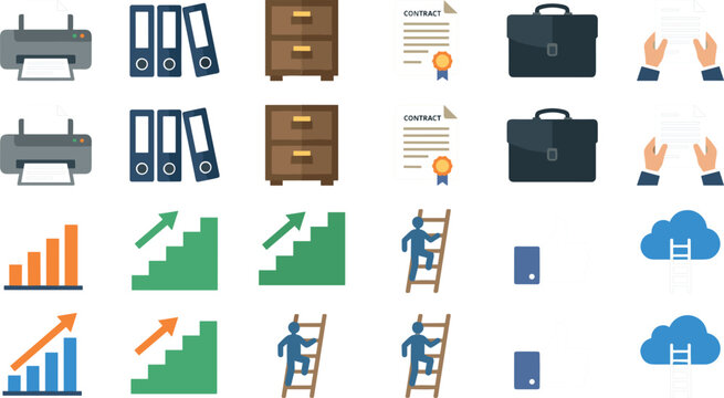 Corporate Business Management and Career Growth Icon Set with Document Archiving Finance Growth Chart and Office Administration Symbols for Pitch Decks