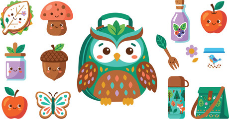 Cute forest owl lunch box set featuring cartoon animal thermos apple acorn mushroom sandwich and butterfly icons vector illustration for kids nursery marketing © Protima