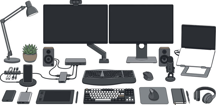Workplace desk setup and computer accessories vector illustration collection isolated on white background for home office interior design and remote work marketing banners