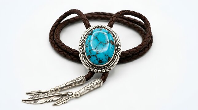 Traditional western bolo tie featuring large bright turquoise stone and braided leather cord isolated on clean white background