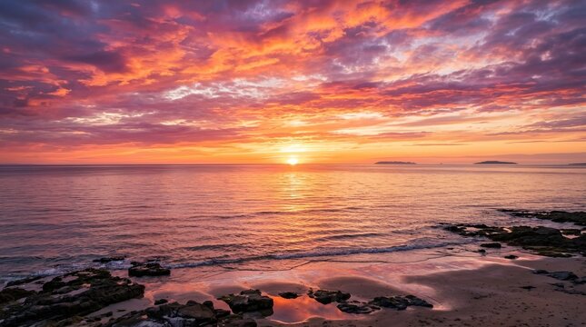 Vibrant Sunset Over Calm Ocean Water with Rocky Shoreline.
