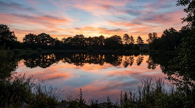 Vibrant Sunset Reflecting on Calm Lake with Silhouetted Trees.