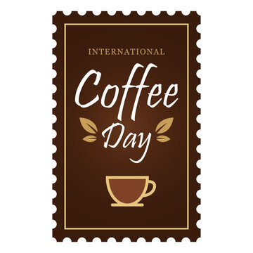International Coffee Day postage stamp poster with coffee cup icon vintage retro cafe celebration design
