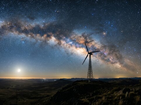 Wind turbine silhouetted against the Milky Way galaxy at night.