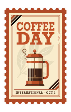 International Coffee Day vintage postage stamp poster with French press coffee illustration retro celebration design