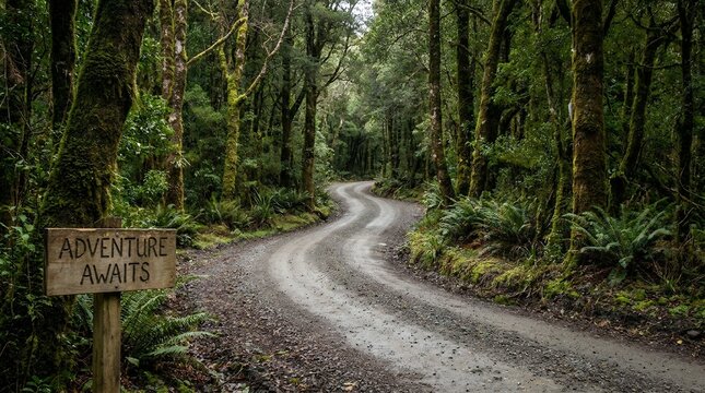 Winding dirt road through a lush green forest with an adventure awaits sign.