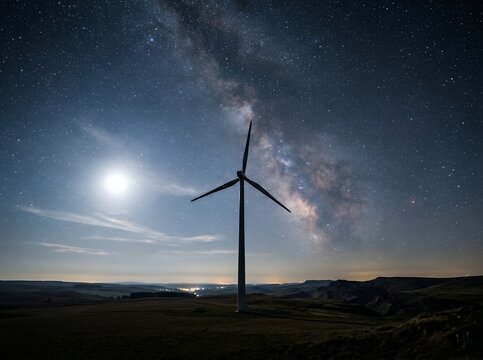 Wind turbine under the Milky Way galaxy and moon at night.