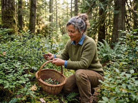 Woman foraging for berries in a lush green forest with a basket.