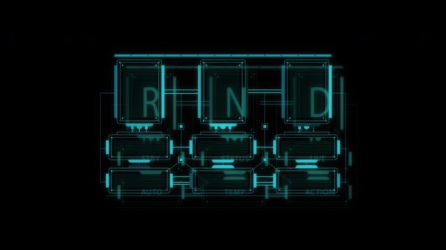 Futuristic digital interface element featuring glowing blue RND letters and abstract data structures.
