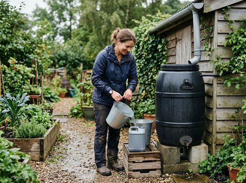 Woman collecting rainwater in a garden from a water butt.