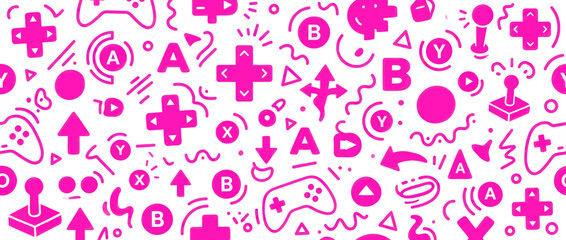Pink video game doodle pattern with controllers and arcade icons © ifin