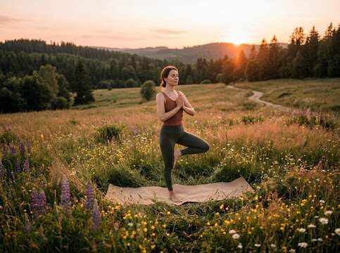 Woman practicing yoga tree pose in a beautiful meadow at sunset.