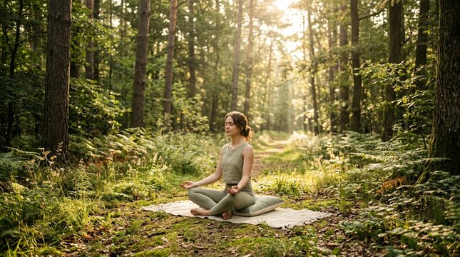 Woman meditating peacefully in a sunlit forest clearing surrounded by lush green trees and foliage.