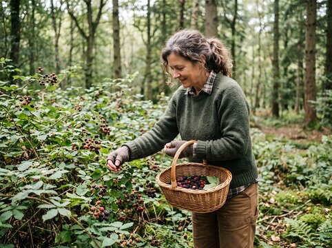 Woman picking berries in a lush green forest during autumn.