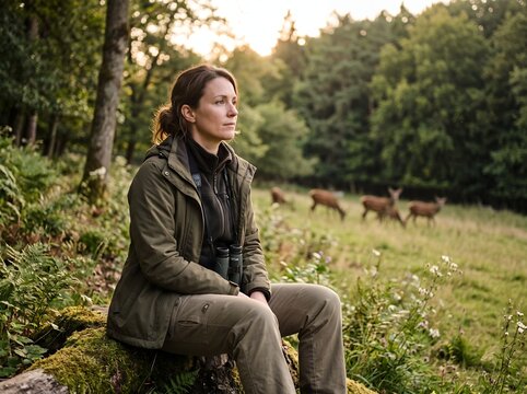 Woman sitting in a forest observing deer in the distance during sunset.