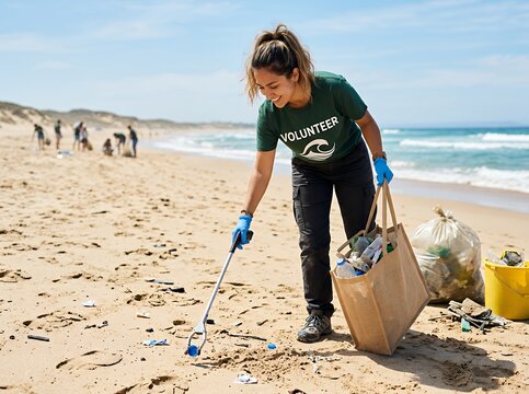 Woman volunteer cleaning plastic trash from sandy beach with ocean background.