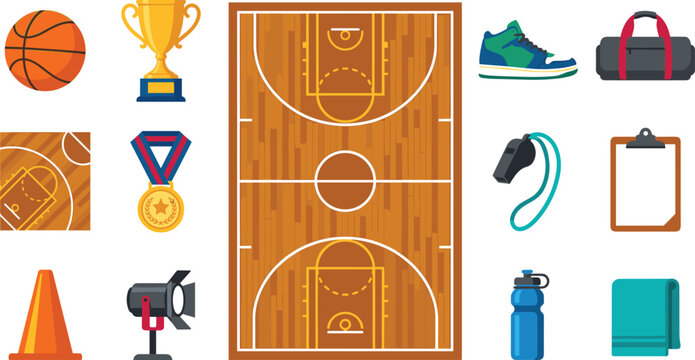 Indoor basketball hardwood court and sports championship vector illustration set with trophy medal whistle and training gear for school tournament marketing